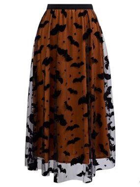 Women's Tulle Tutu Midi Skirt Velvet Bats Elastic Waist Layered Mesh